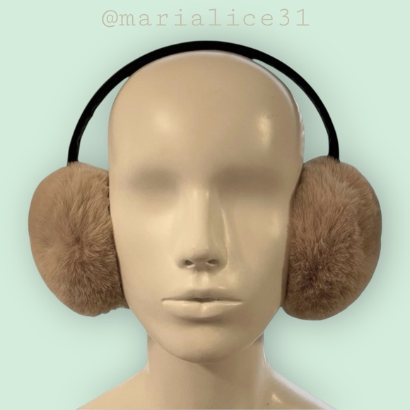 Accessories - Cozy light brown earmuffs with leather accents.
